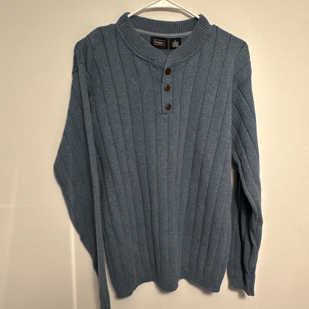 Haggar pullover men sweater adult Large L cable knit heavy cotton Blue Mix Color